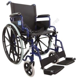 Self Propelled Transit Chair Blue Steel Foldable with Armrests Footrest Anti Tip