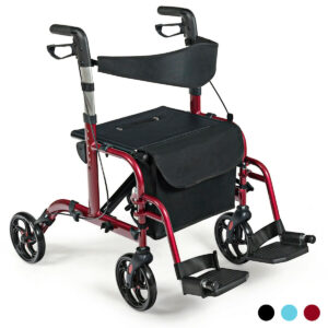 2-In-1 Rollator Walker & Transport Chair Folding Walking Aid w/ Large Seat