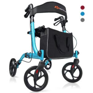 Aluminum Folding Rollator Walker w/Wide Seat Adjustable Handle for Seniors Blue