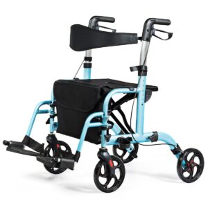 2-In-1 Rollator Walker & Transport Chair Folding Walking Aid w/ Large Seat